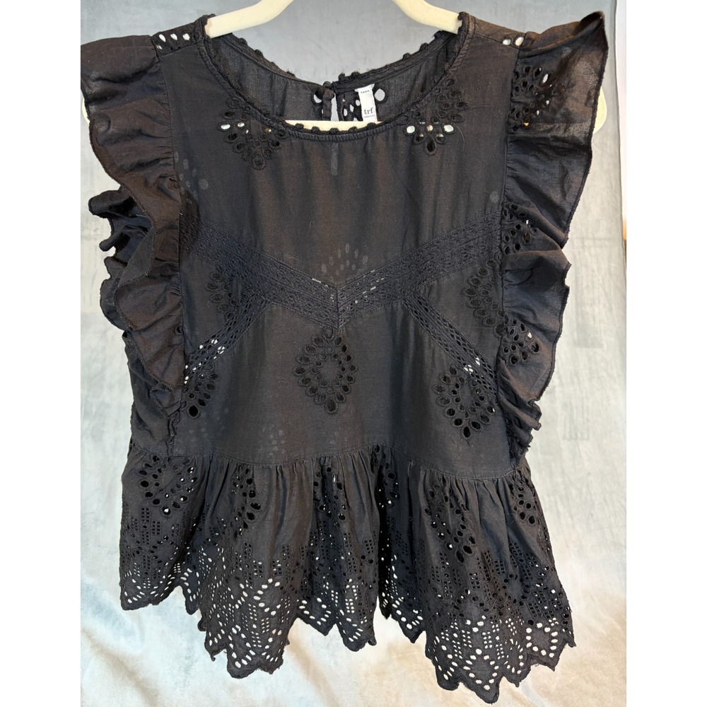 Womens Ruffled Flutter Sleeve Eyelet Scalloped Black Top Praire Cottagecore    L